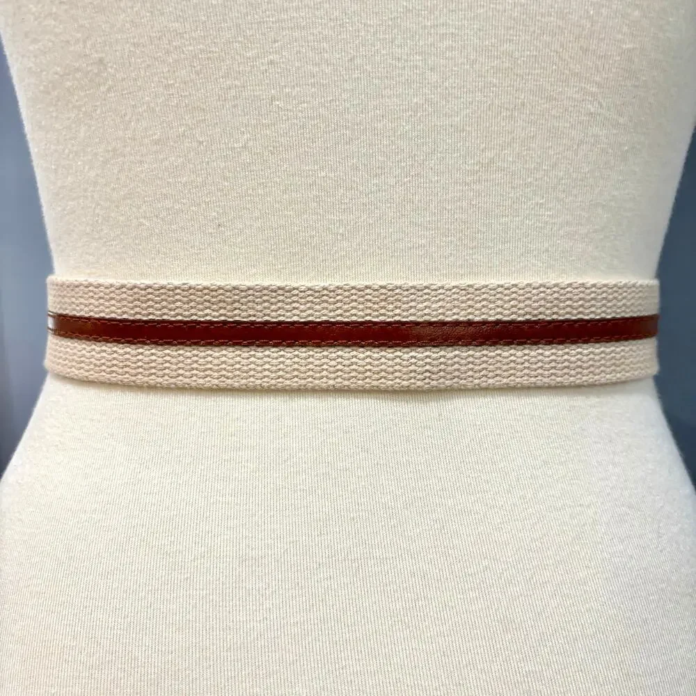 VTG Boho Striped Woven Cream Cotton Tan Leather Belt Coastal Preppy Utility S